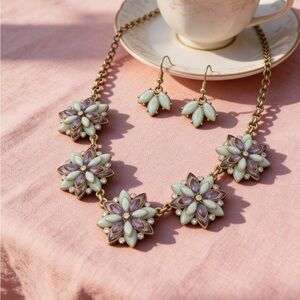 Elegant Floral Bib Necklace Set - Gold Tone Purple Green